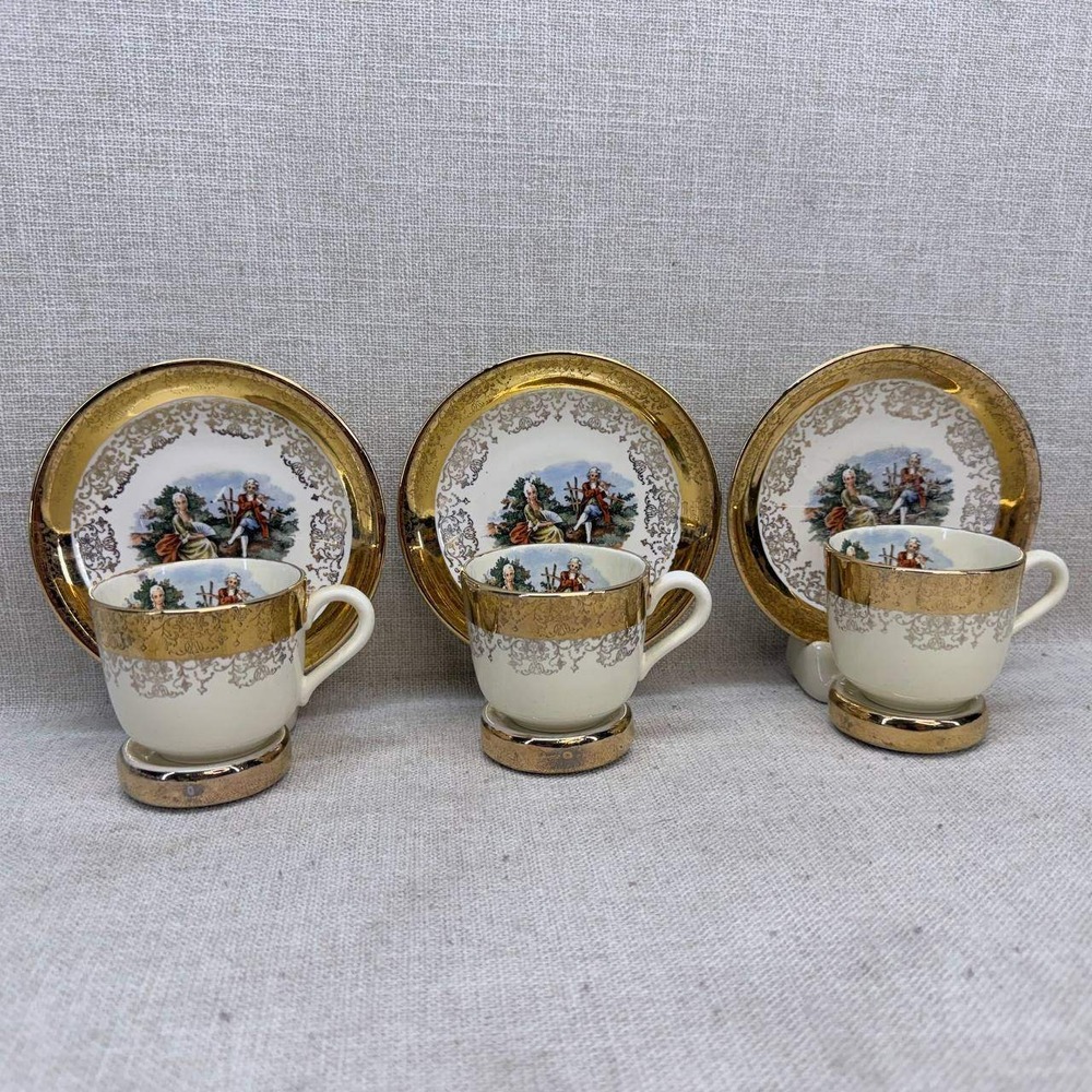 Sabin Crest-O-Gold 22K Gold Colonial Courting Couple Tea Cup Saucer Set of 3